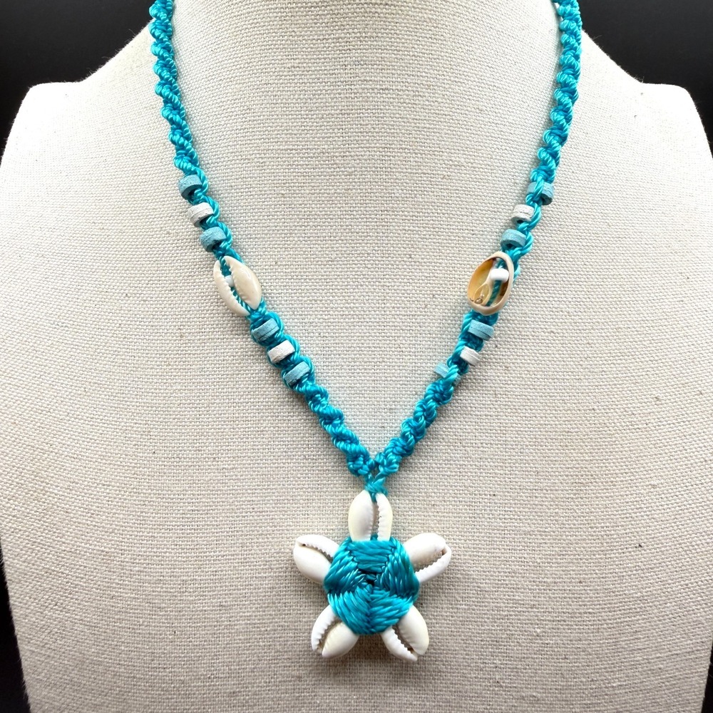 Turquoise Tone Macrame Cowrie Shell Sea Turtle Pendant Beach Necklace Jewelry